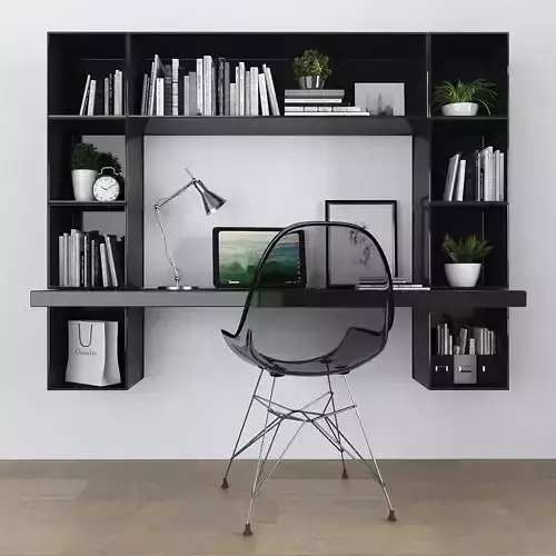 Workplace set home office desk with bookshelves