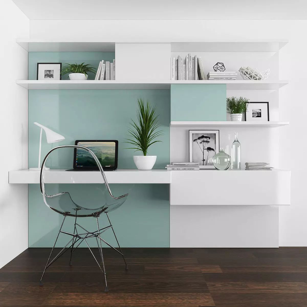 Workplace set modern home office design Low-poly 3D model_0