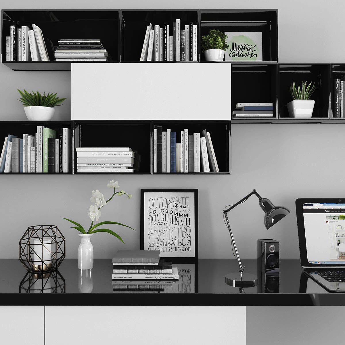 Workplace set desk with bookshelves and chair Low-poly 3D model_1