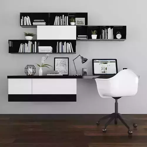 Workplace set desk with bookshelves and chair Low-poly 3D model