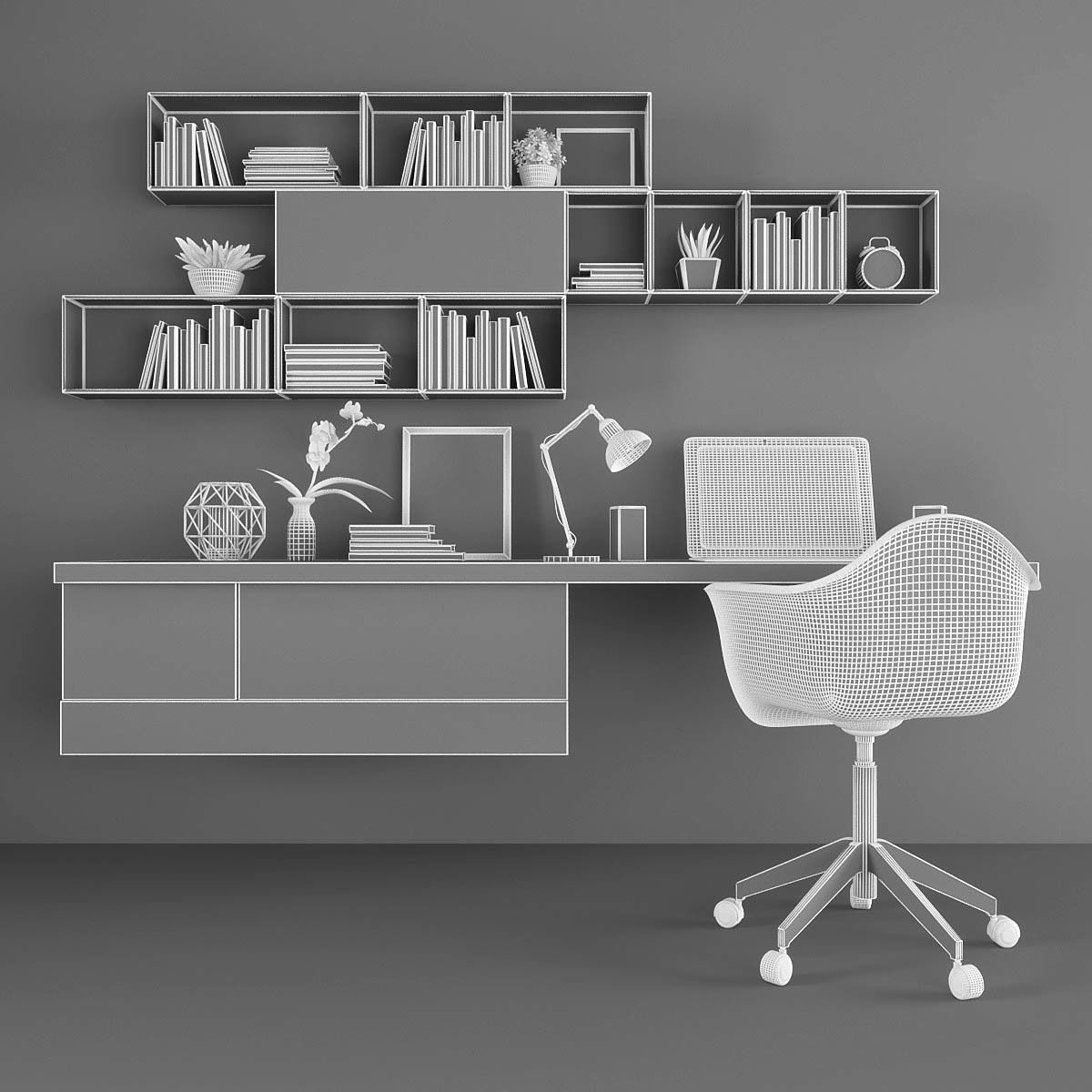 Workplace set desk with bookshelves and chair Low-poly 3D model_2