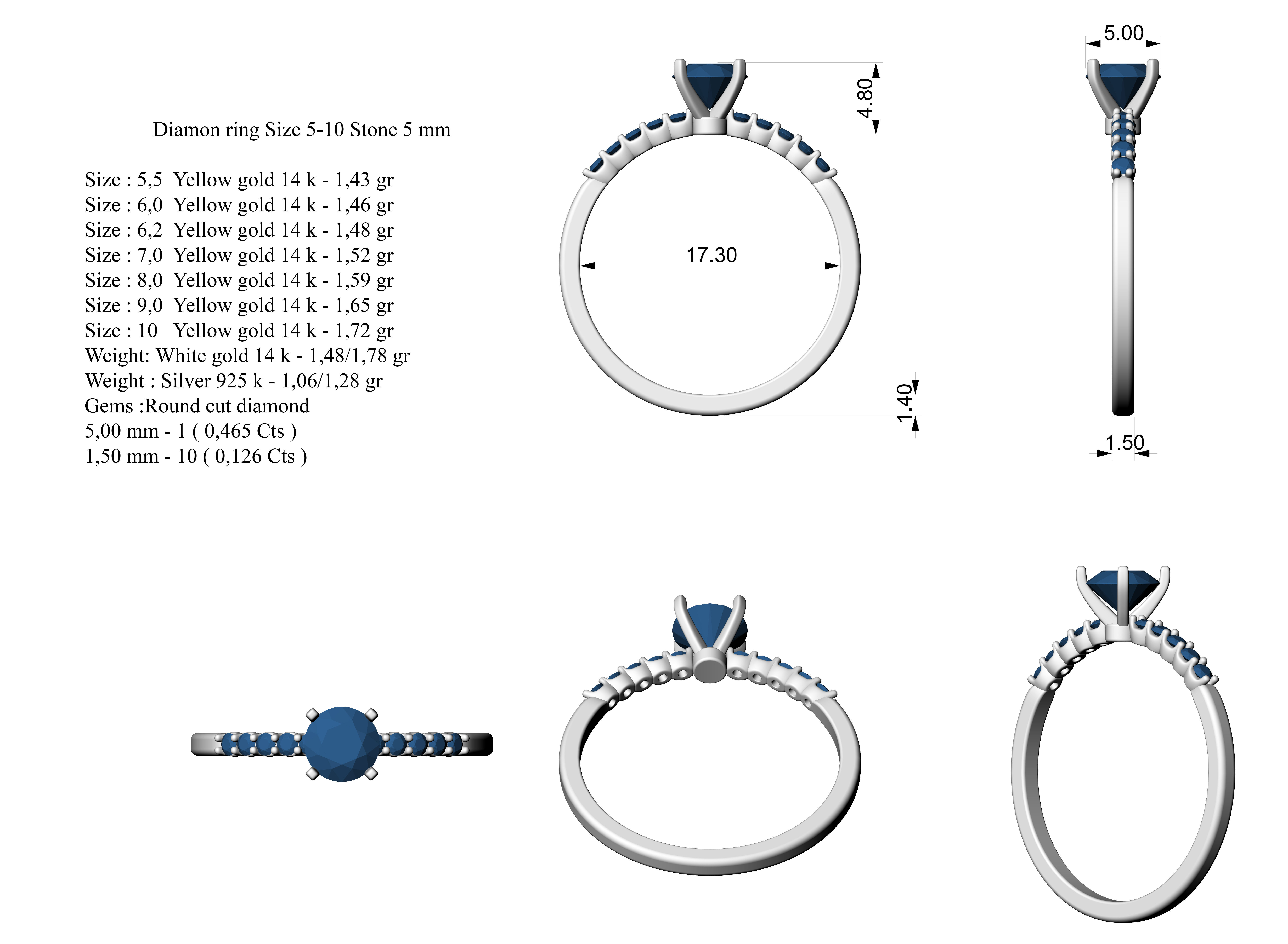 Diamon ring Size 5-10 Stone 5 mm 3D print model_3