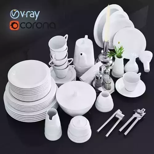 A set of dishes and kitchen appliances