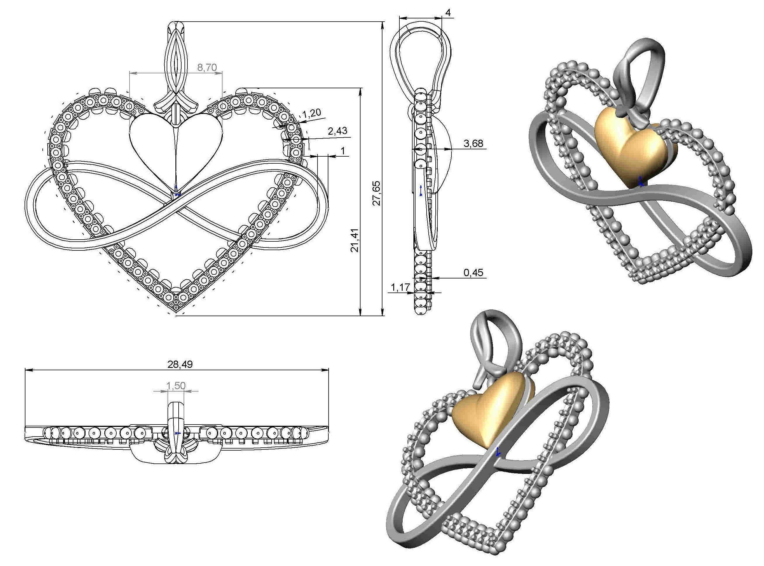 Pendant infinity with gold and silver heart 3D print model_8