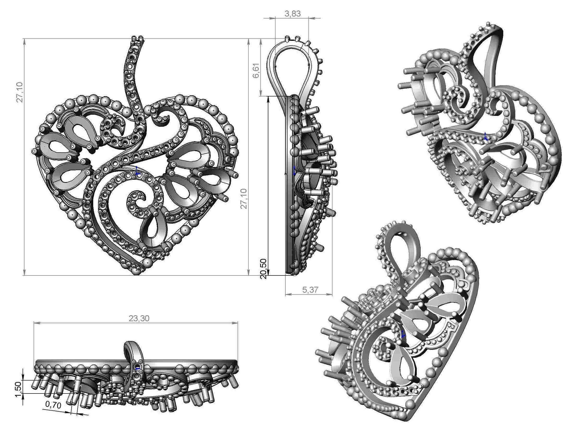 Pendant heart with garnets and diamonds 3D print model_8
