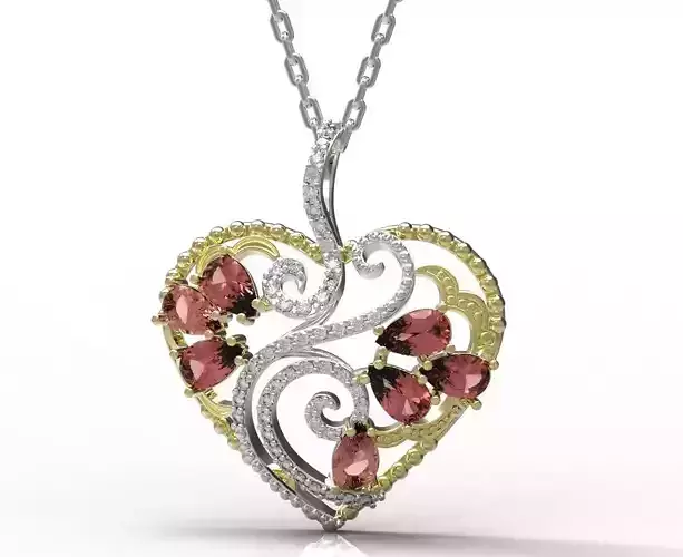 Pendant heart with garnets and diamonds 3D print model