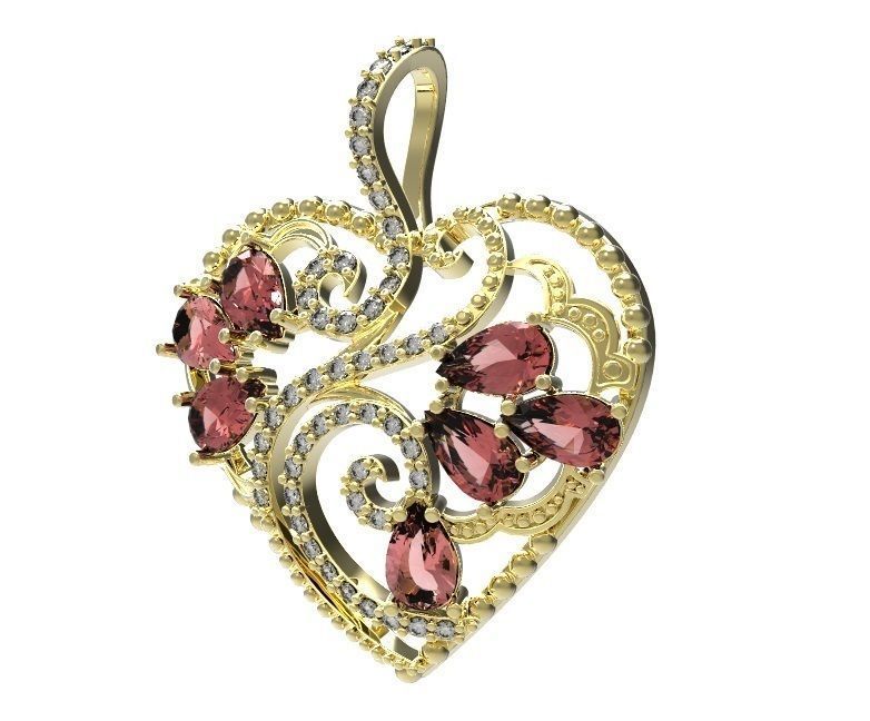 Pendant heart with garnets and diamonds 3D print model_6