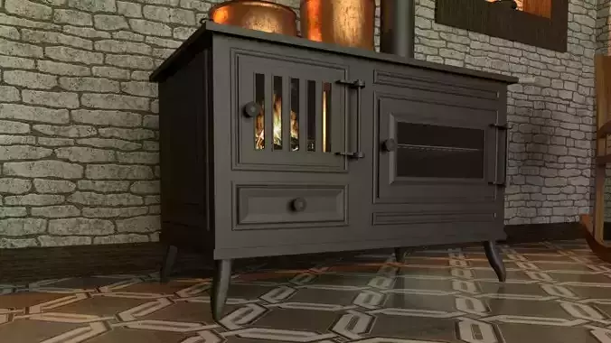 STOVE-PITCHER-POT old stove with chimney Low-poly 3D model
