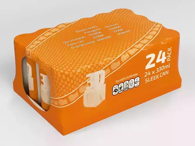 24 pack shrinkwrapped 330ml sleek cans with a card tray base 3D model