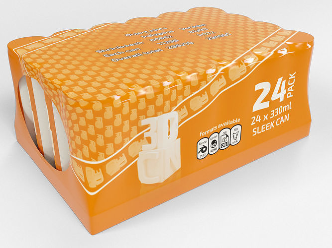 24 pack shrinkwrapped 330ml sleek cans with a card tray base 3D model