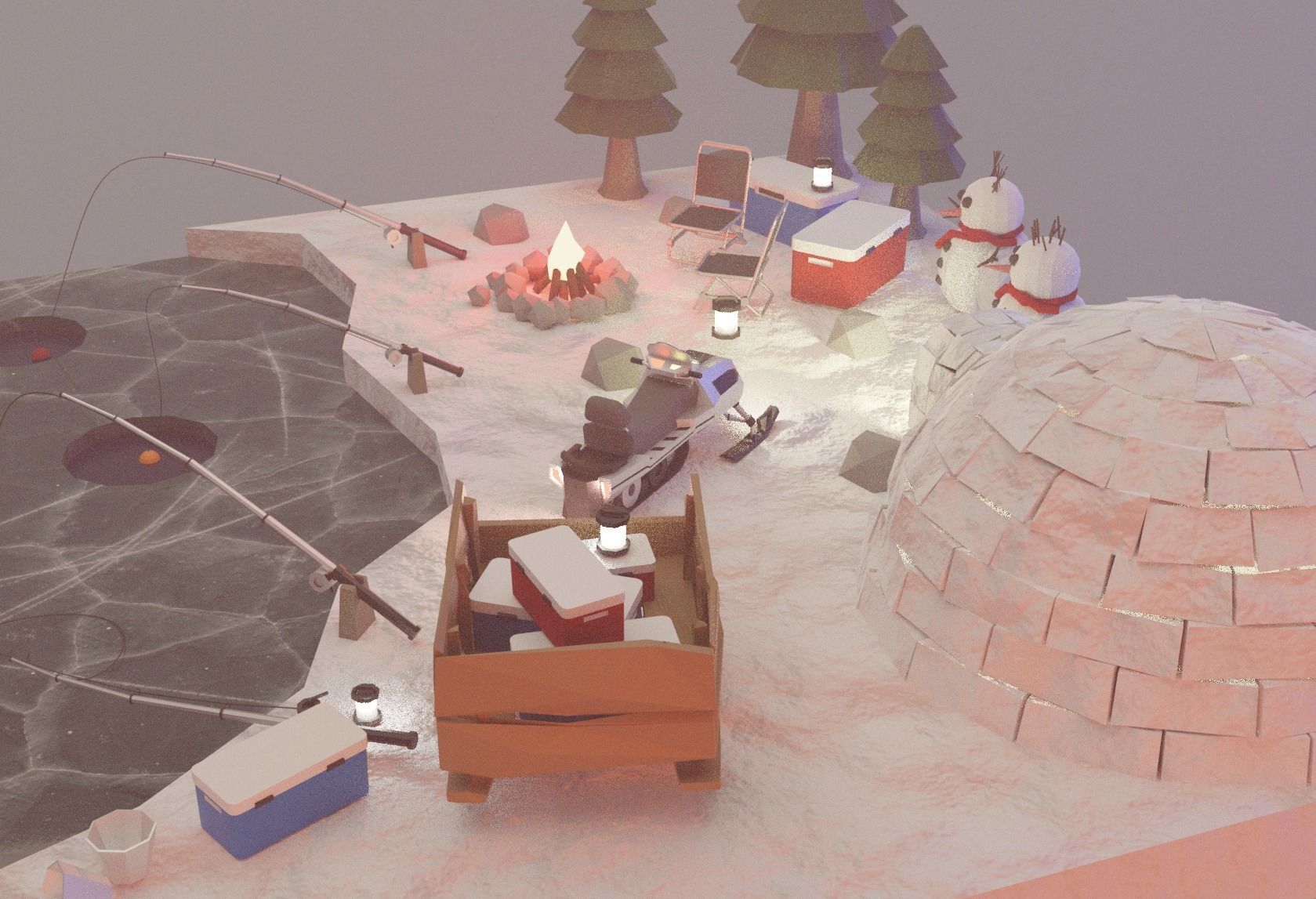 isometric fishing in the ice Low-poly 3D model_3