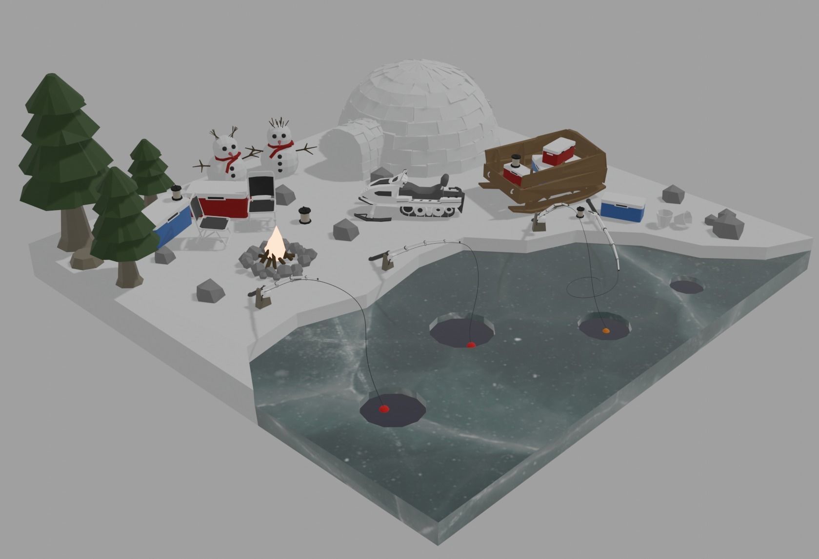 isometric fishing in the ice Low-poly 3D model_4