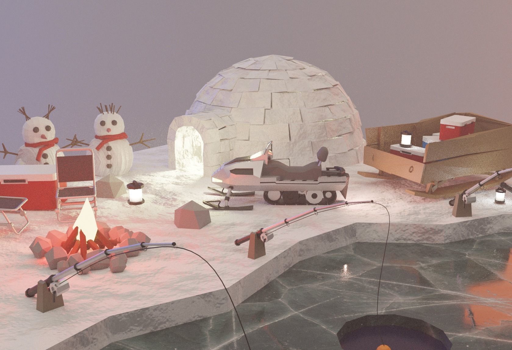 isometric fishing in the ice Low-poly 3D model_2