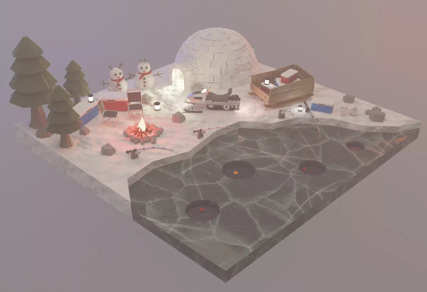isometric fishing in the ice Low-poly 3D model_0