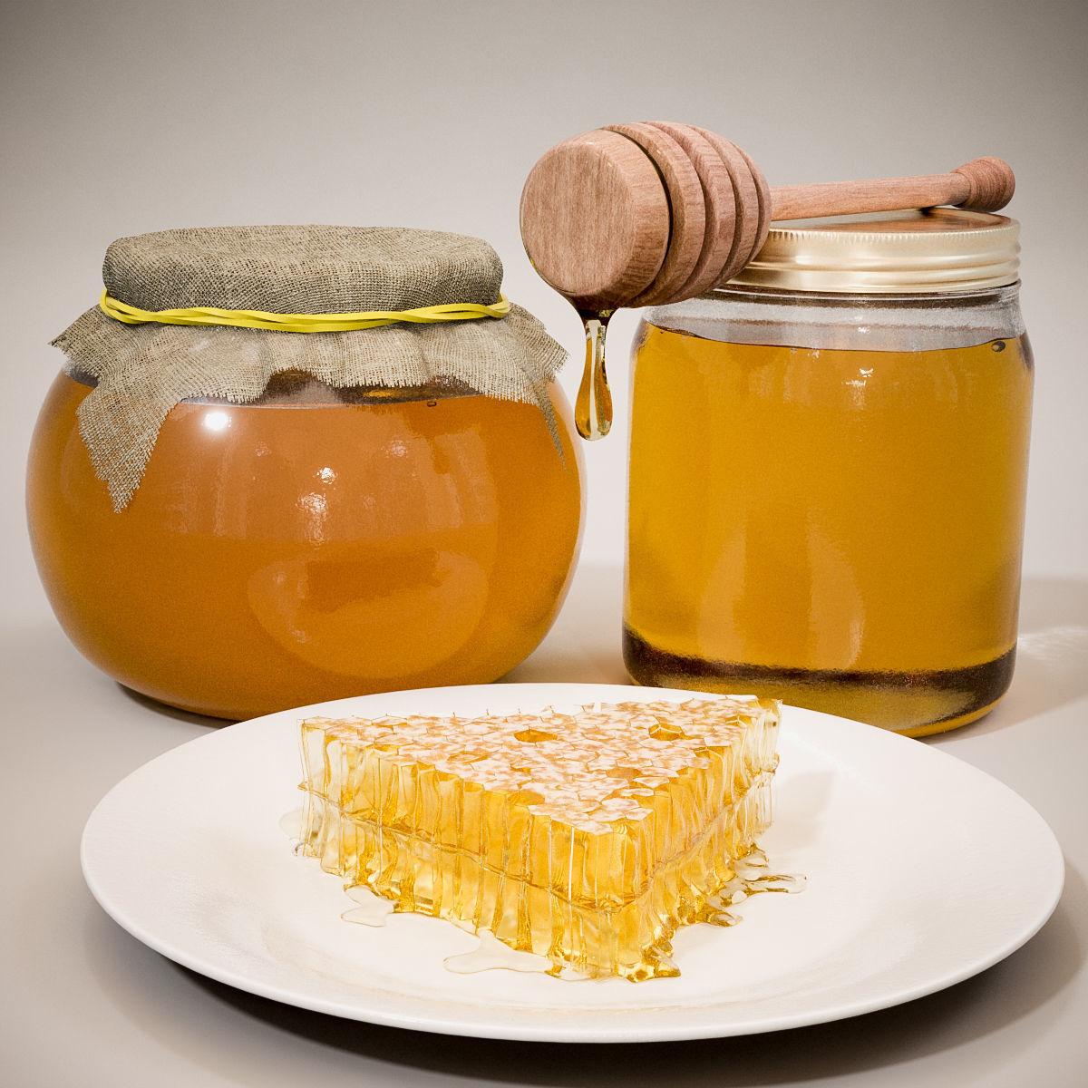 Honey slice of cake on plate 3D model_1