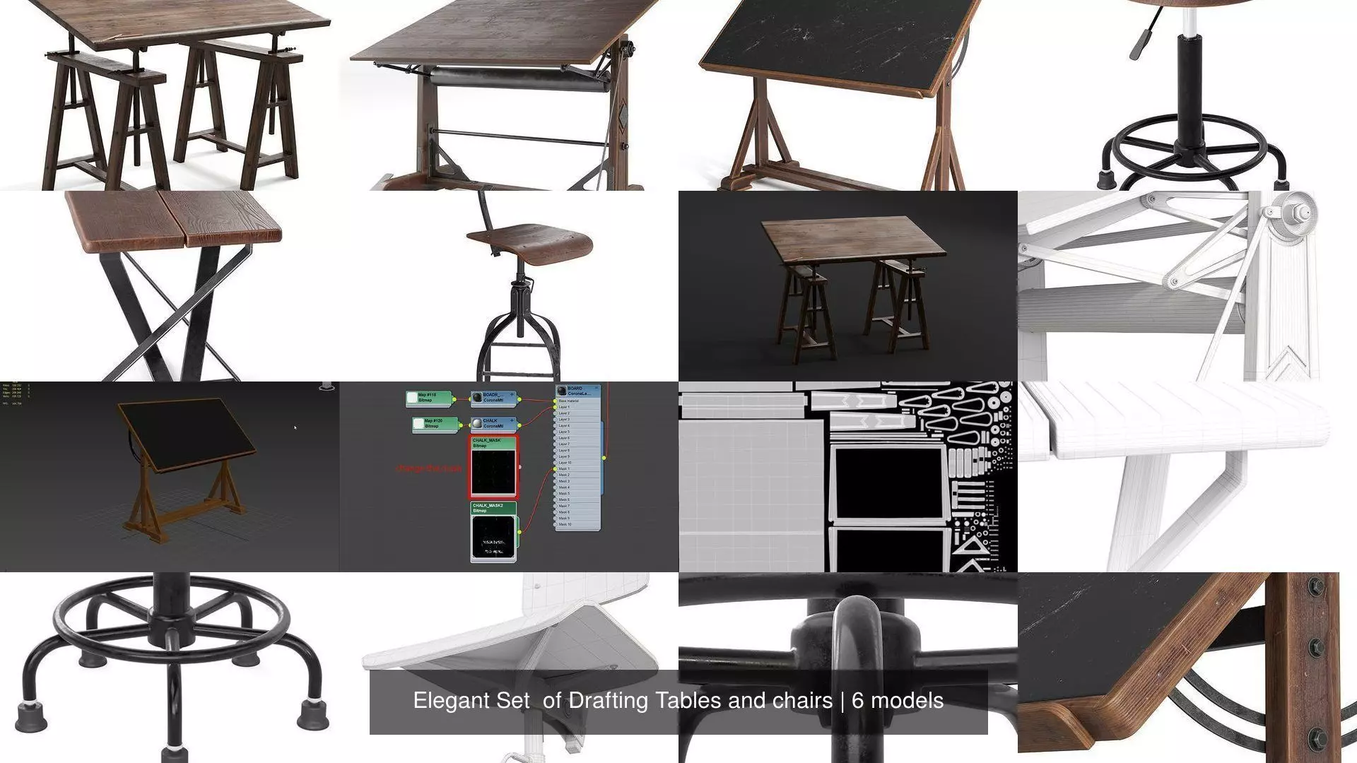 Elegant Set  of Drafting Tables and chairs 3D Model Collection_0