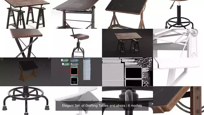 Elegant Set  of Drafting Tables and chairs 3D Model Collection