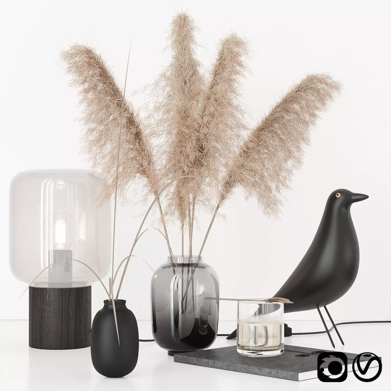 Black decorative set with pampas 3D model_0