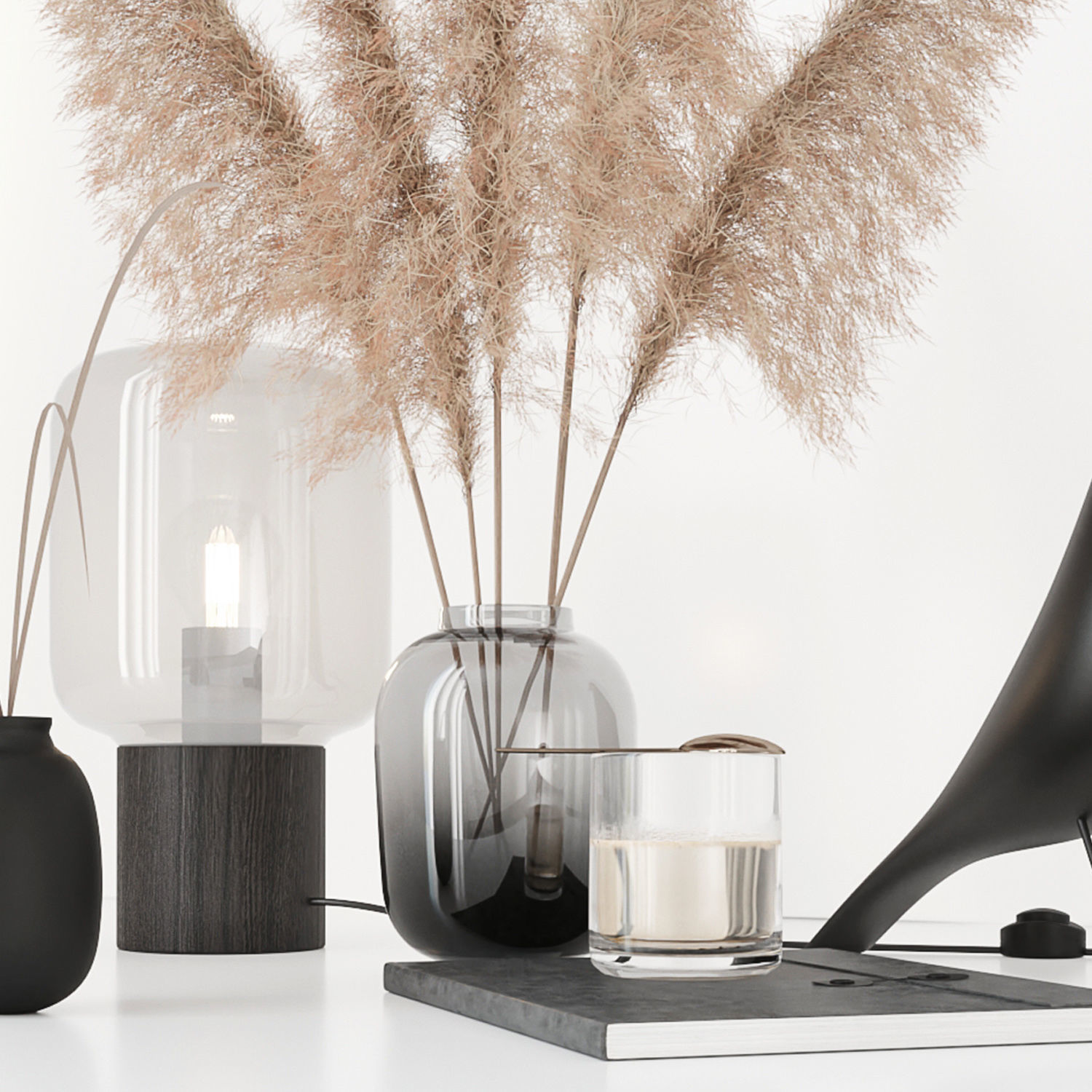 Black decorative set with pampas 3D model_2