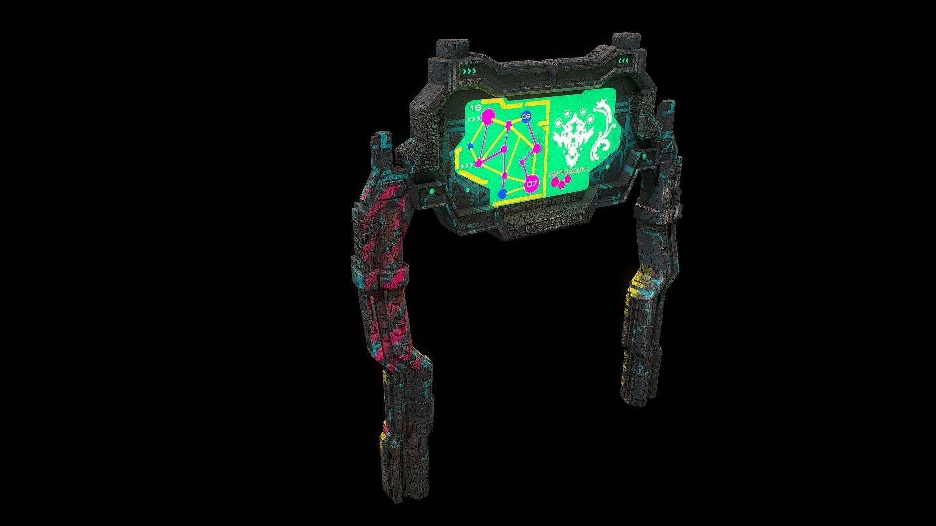 Low poly cyberpunk banner with pillars Low-poly 3D model_3