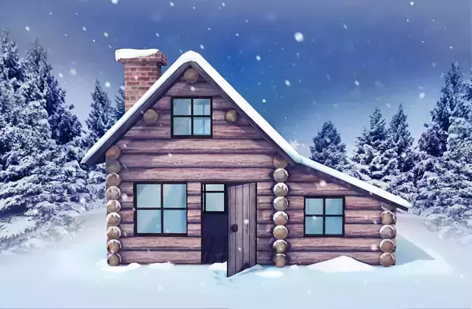 Stylized Winter Log Cabin House