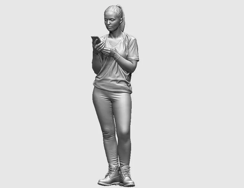 young girl looking on iphone in sportswear and timberland boots 3D print model_0