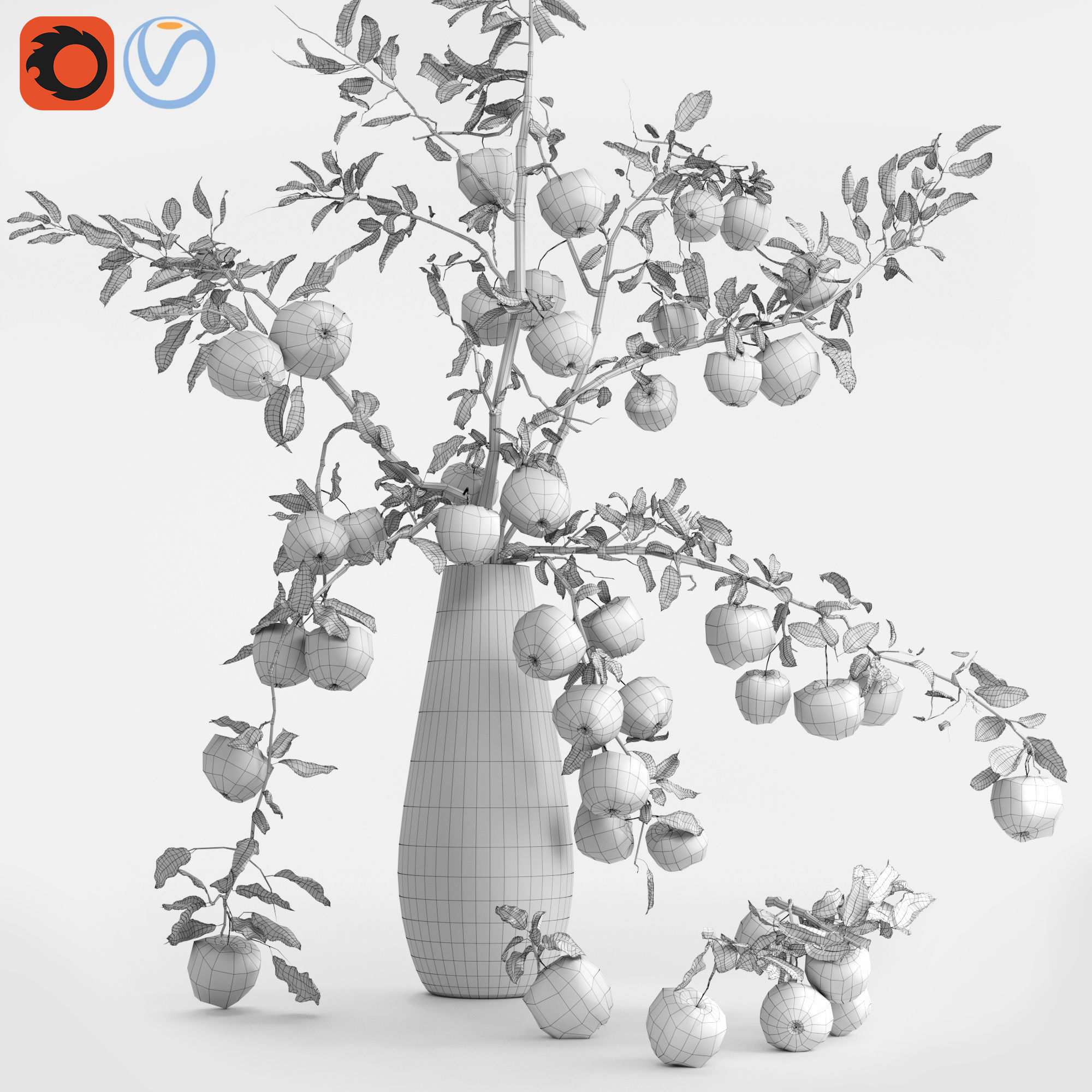 Red Cherry tomato apple branches Dry leaves Vase 3D model_16