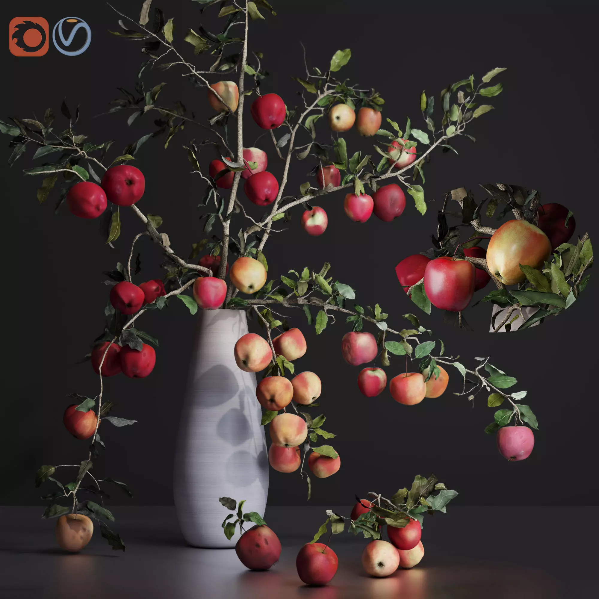 Red Cherry tomato apple branches Dry leaves Vase 3D model_0