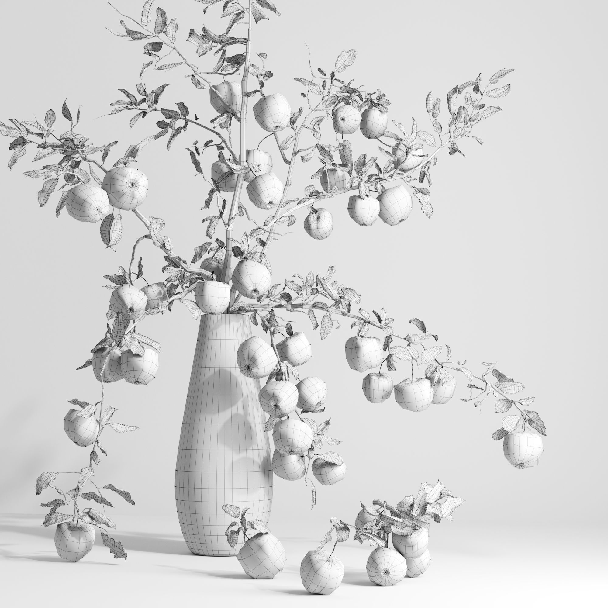 Red Cherry tomato apple branches Dry leaves Vase 3D model_2