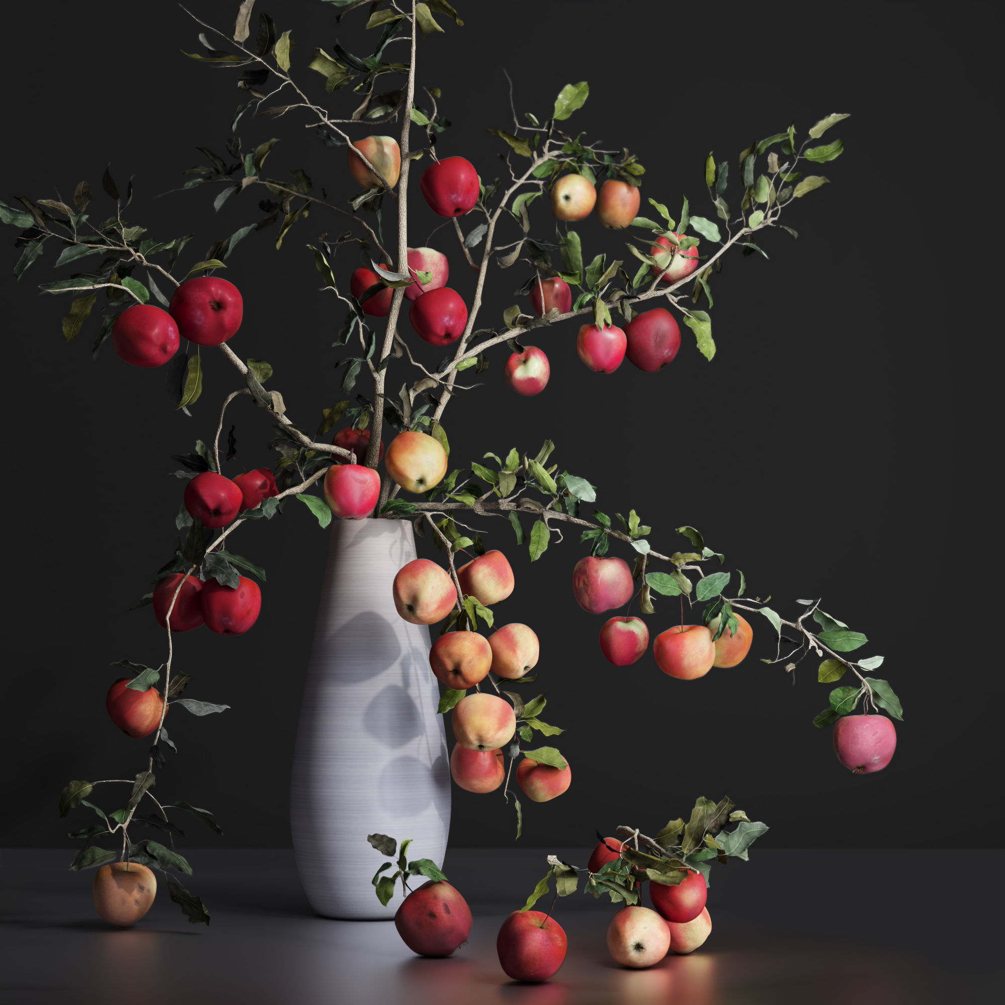 Red Cherry tomato apple branches Dry leaves Vase 3D model_1