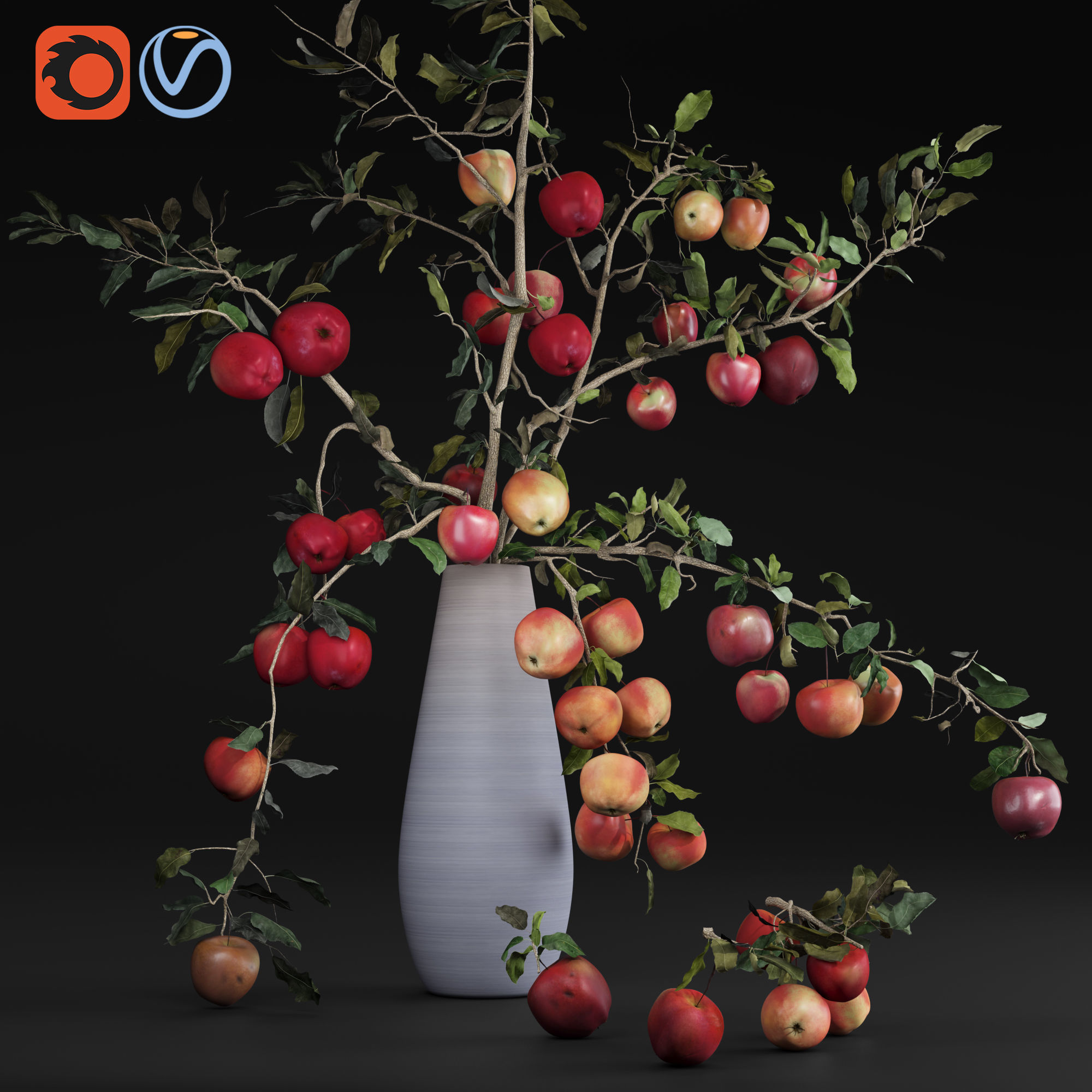 Red Cherry tomato apple branches Dry leaves Vase 3D model_25