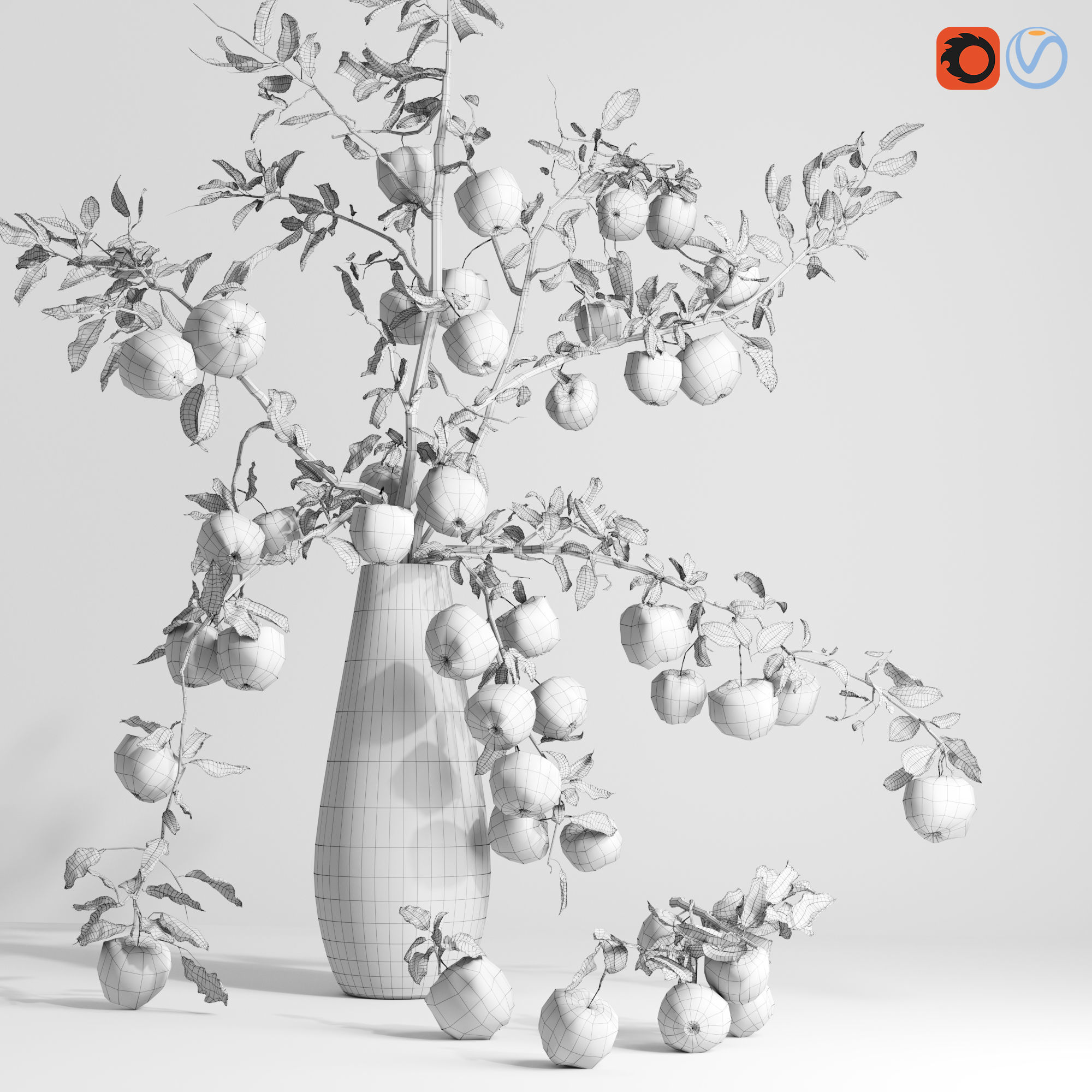 Red Cherry tomato apple branches Dry leaves Vase 3D model_27