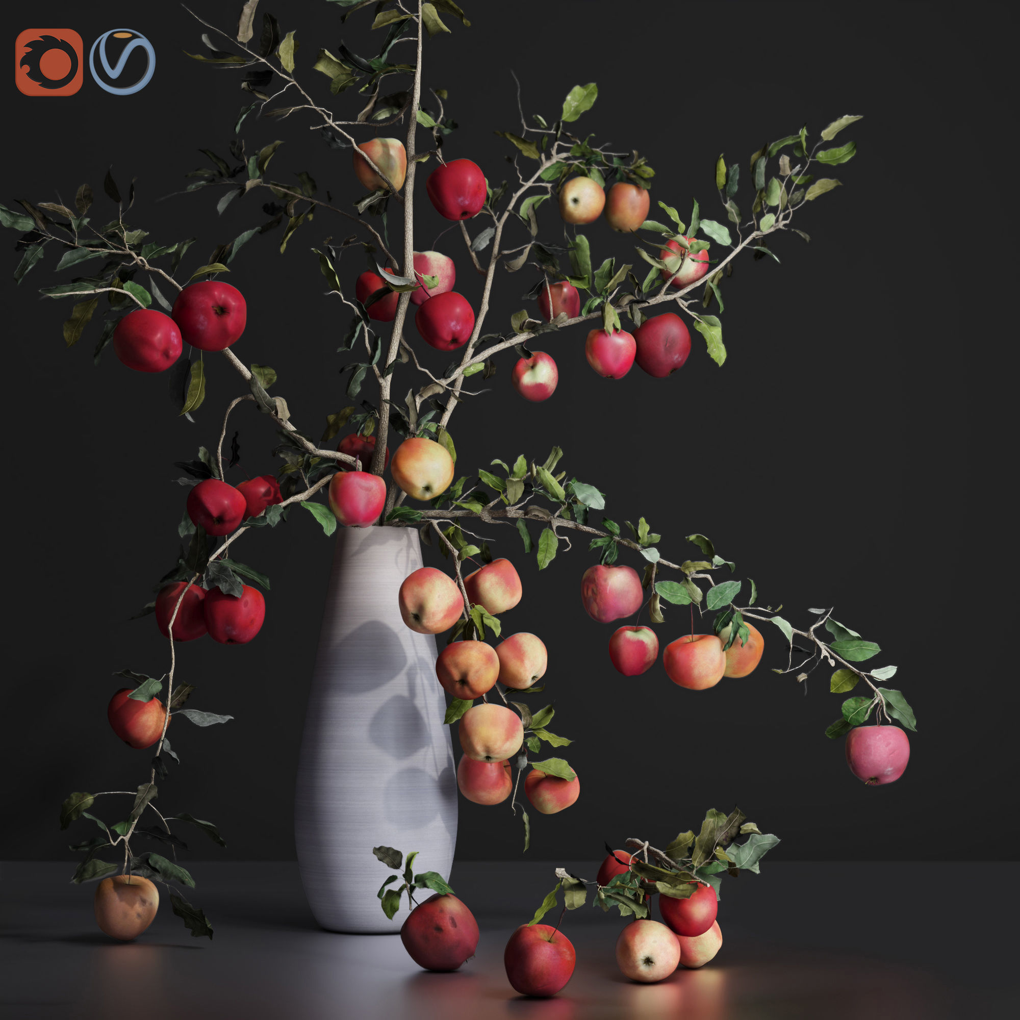 Red Cherry tomato apple branches Dry leaves Vase 3D model_5