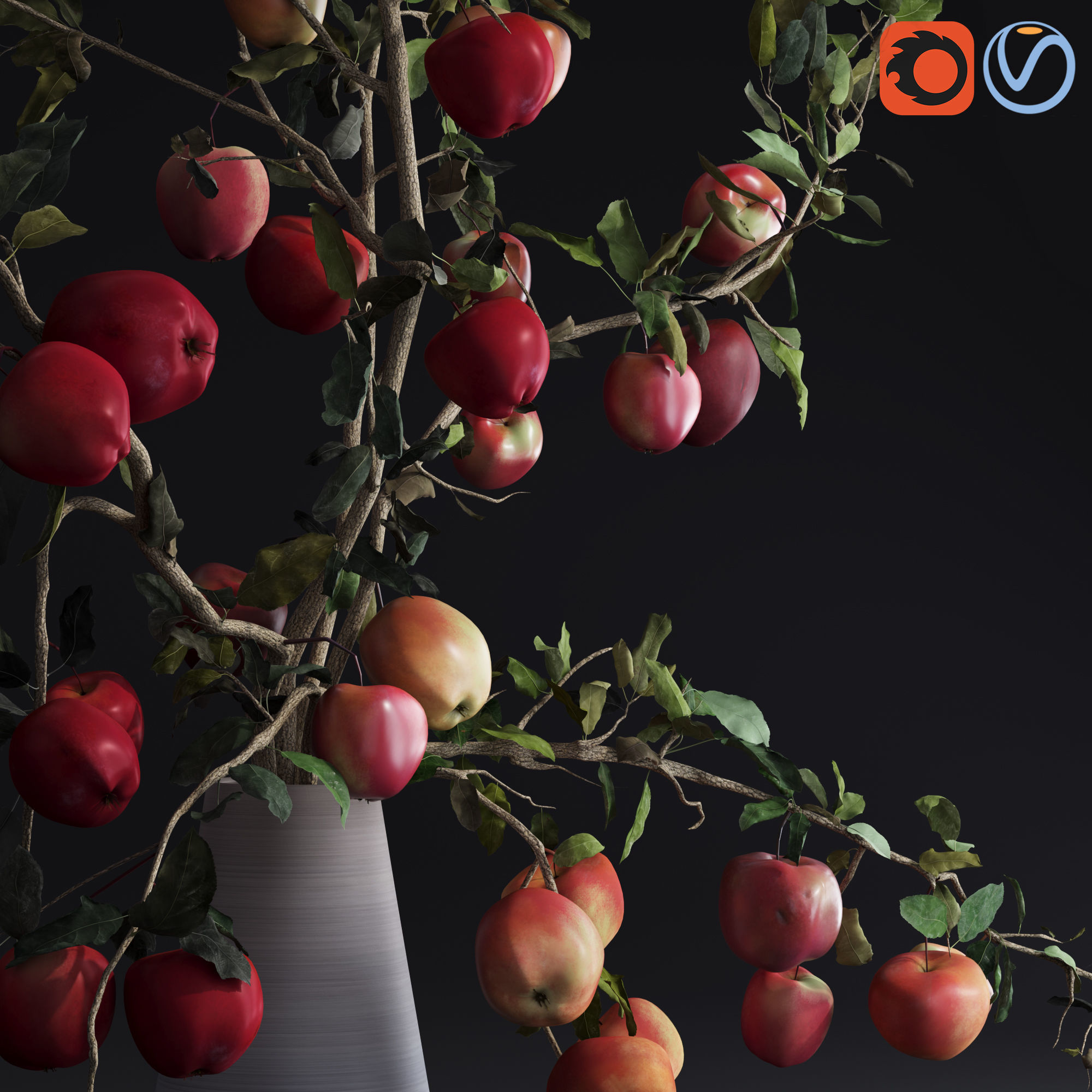 Red Cherry tomato apple branches Dry leaves Vase 3D model_22