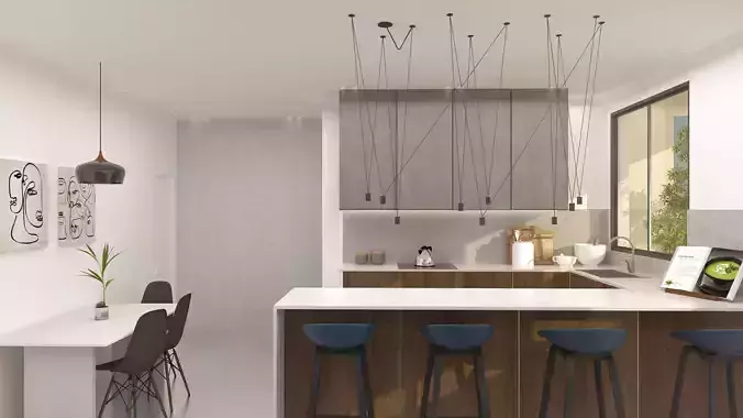 Kitchen and living room modern and well equipped 3D model