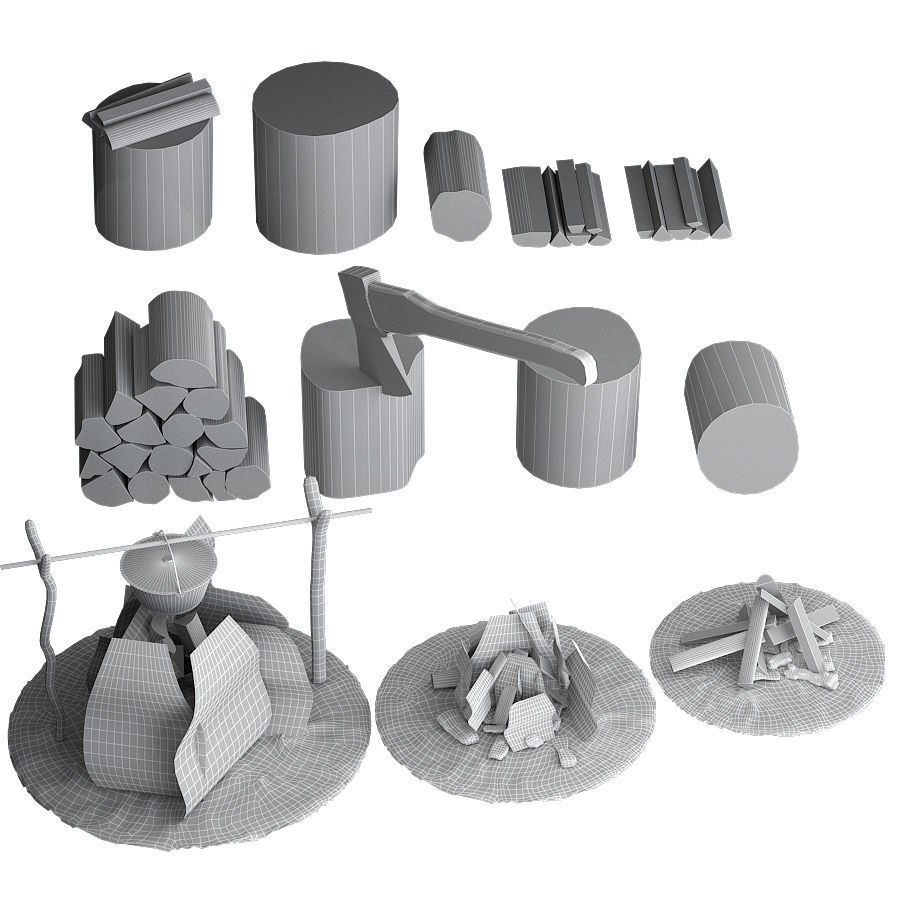 Set firewood bonfire hatchet 3D model_14