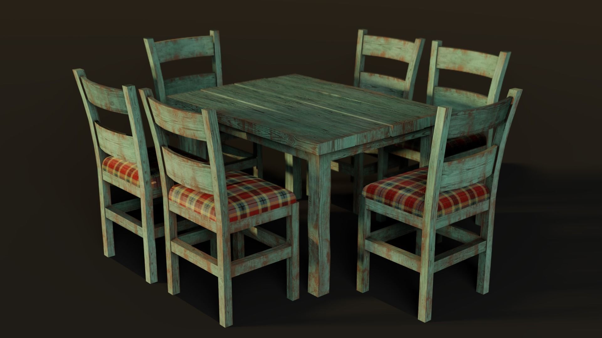 Old table and chairs Low-poly 3D model_1