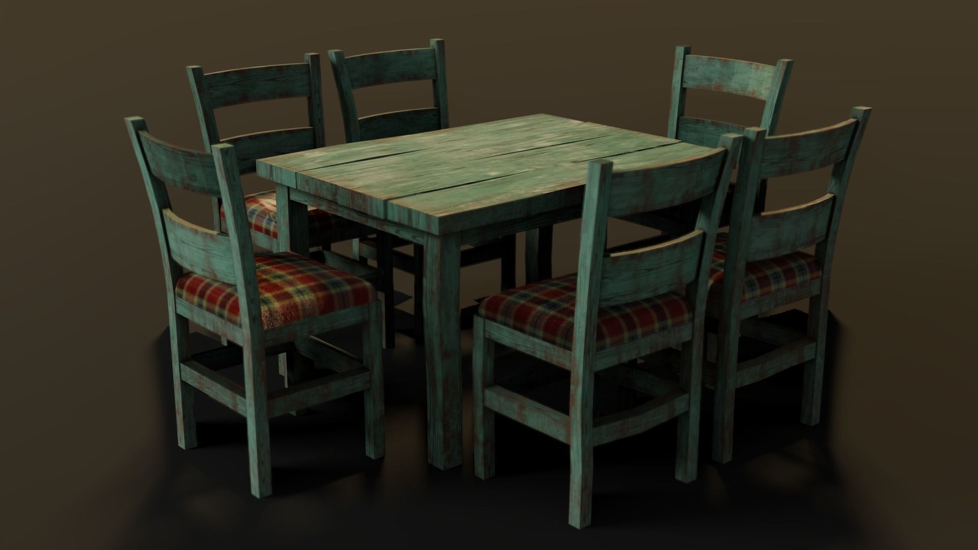 Old table and chairs Low-poly 3D model_2
