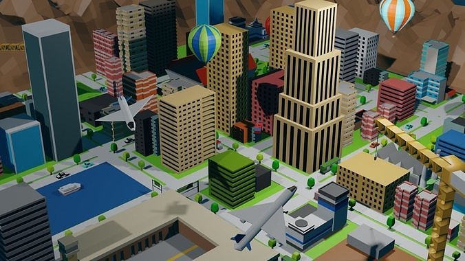 Low poly city with buildings and airplanes Low-poly 3D model