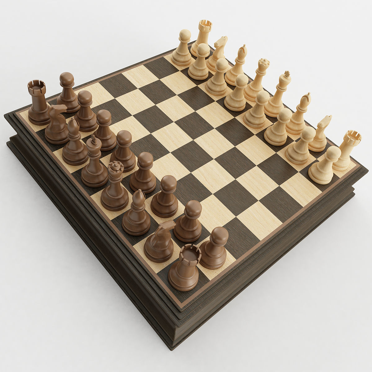Chess Set wooden board 3D model_1