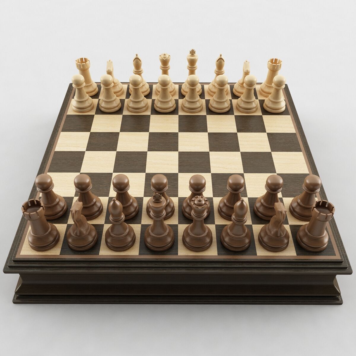 Chess Set wooden board 3D model_2