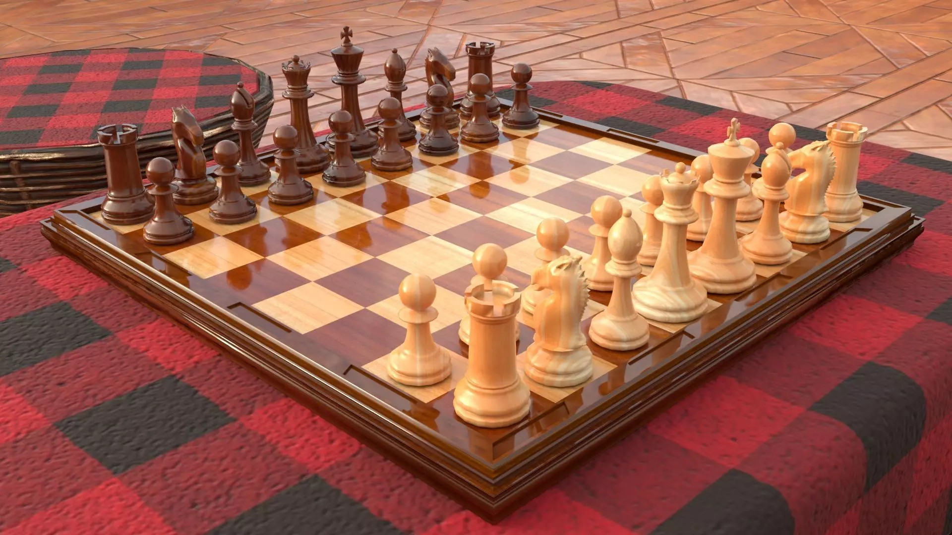 Chess Highpoly set on checkered tablecloth 3D model