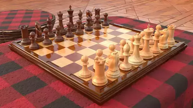Chess Highpoly set on checkered tablecloth