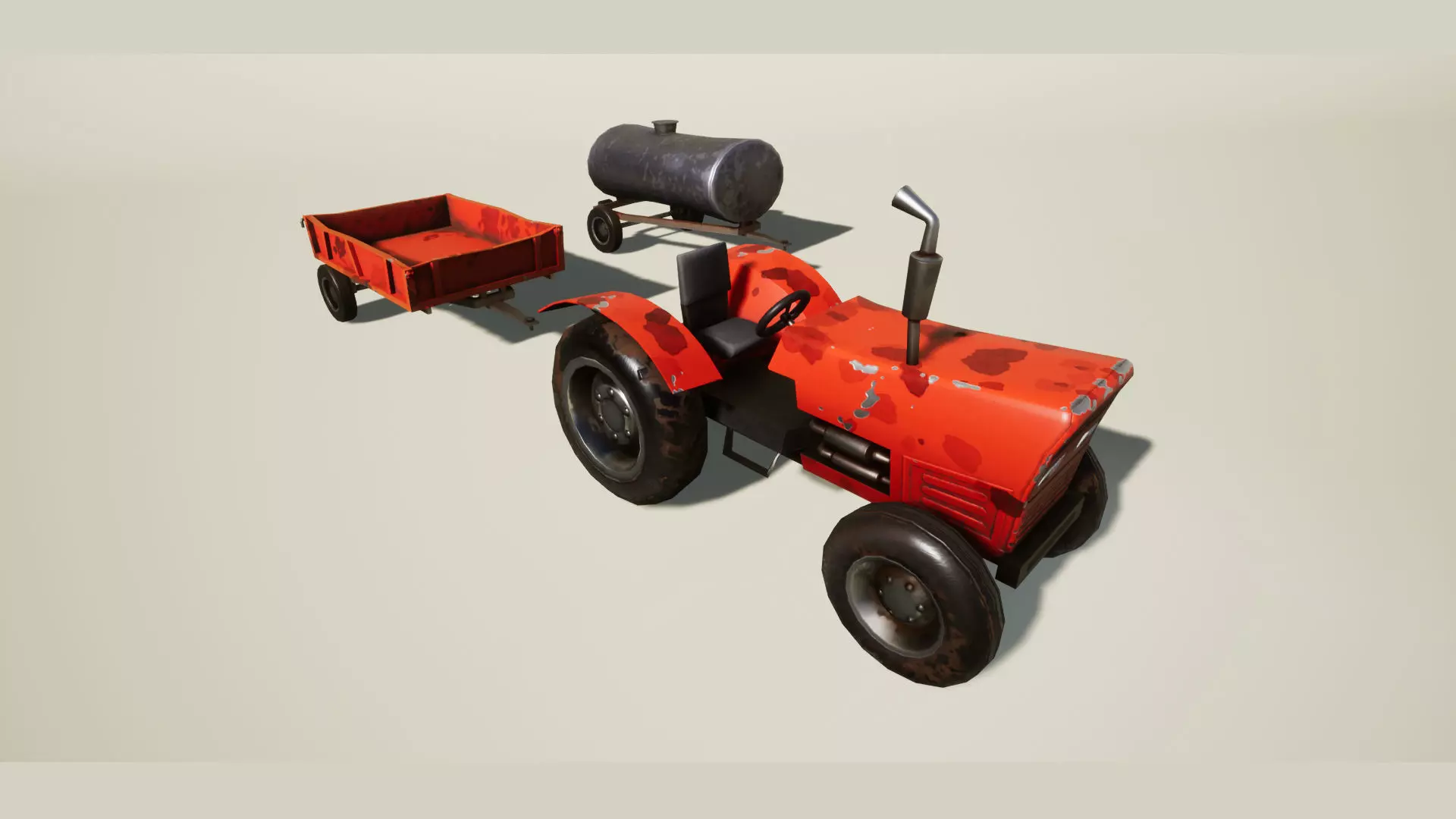 Farm tractor and trailer Low-poly 3D model