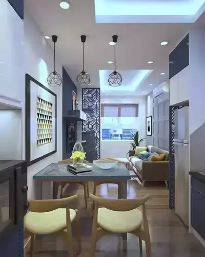 an interior of a blue apartment 