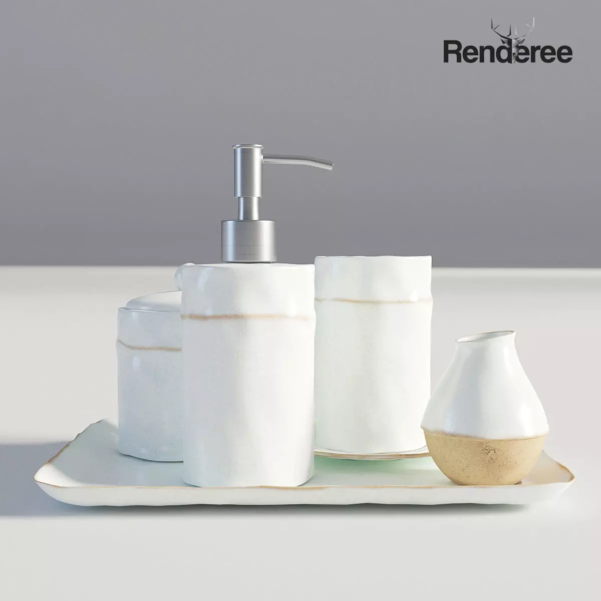 Bathroom Set White and Wood  3D model_0