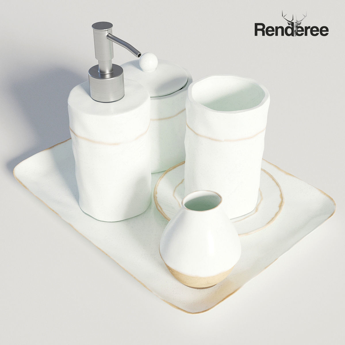 Bathroom Set White and Wood  3D model_2