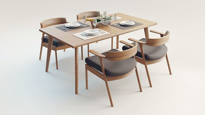 Wooden Dining Table and Chairs Set  3D model