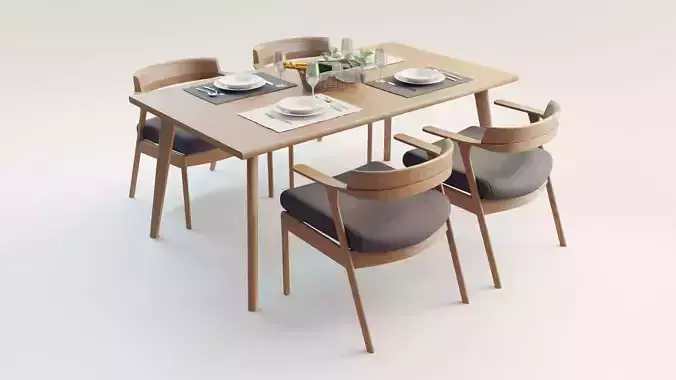 Wooden Dining Table and Chairs Set  3D model