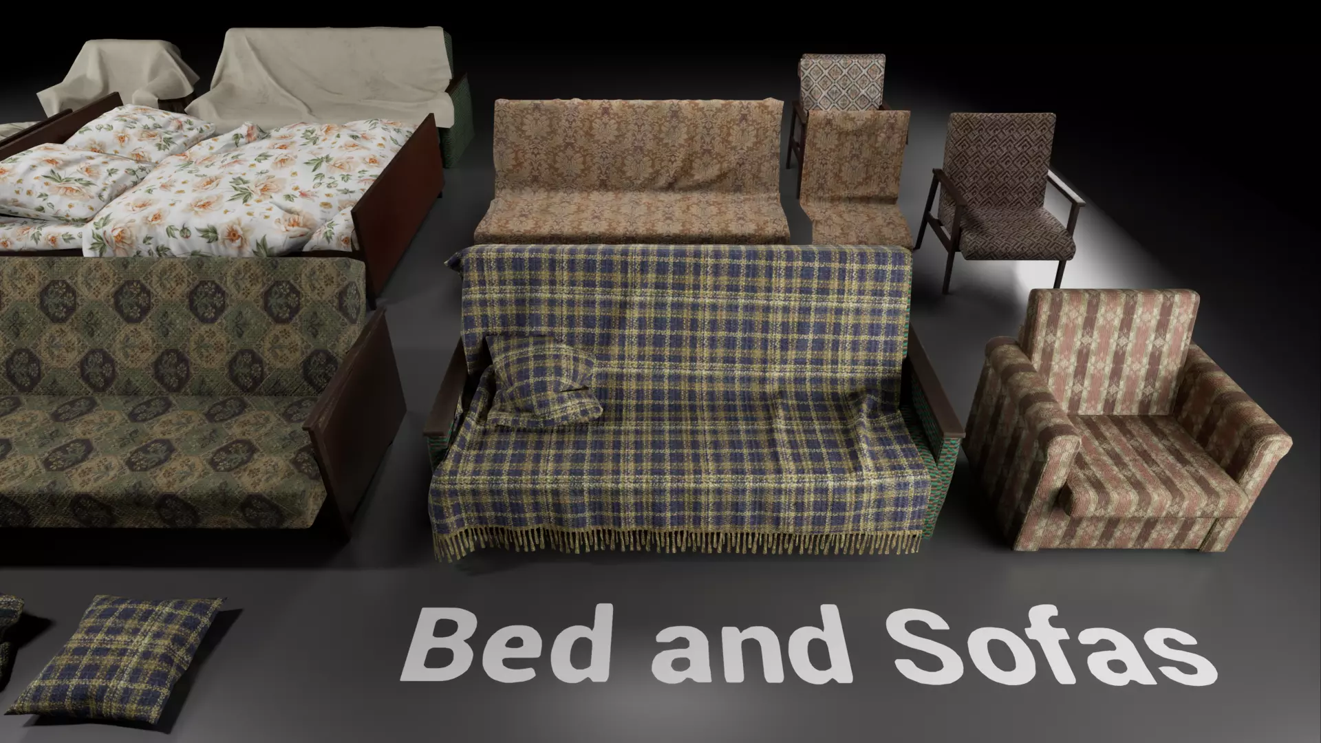 Post Soviet Bed and Sofas UE4 Low-poly 3D model_0